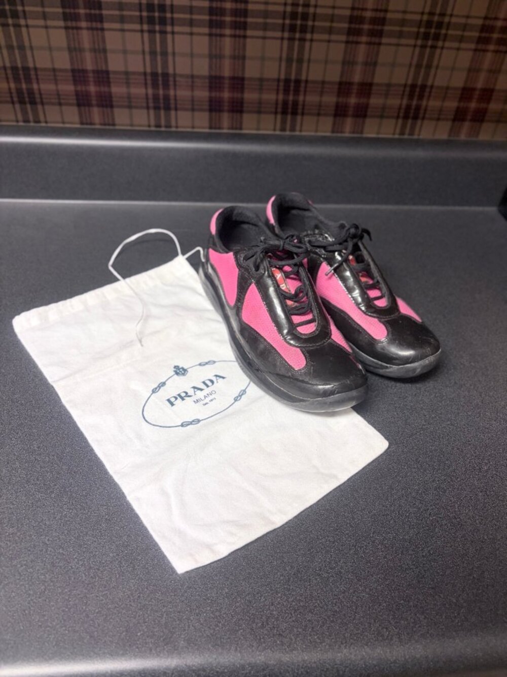 Prada Women's Pink Black Patent Leather Sneakers - EU 38
